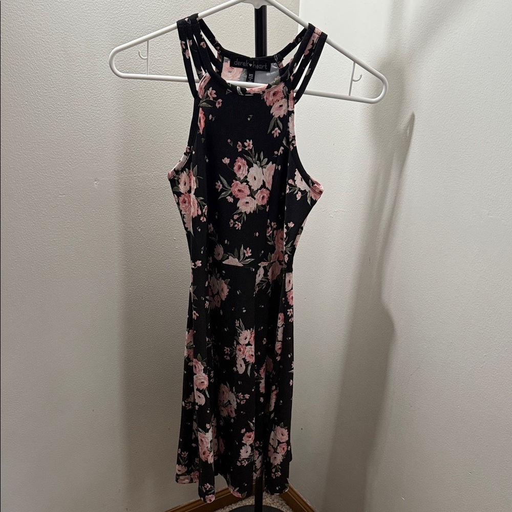 Derek Heart Black Midi Dress with Pink Floral Print
